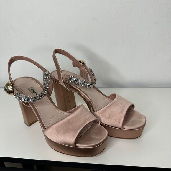 Miu Miu Nude Calzature Donna Satin Crystal Ankle Strap Platform Block Heels 10.5 - Picture 3 of 16